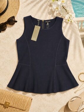 Eileen Fisher Navy Silk Cotton Interlock Peplum Tank Top S/P NWT